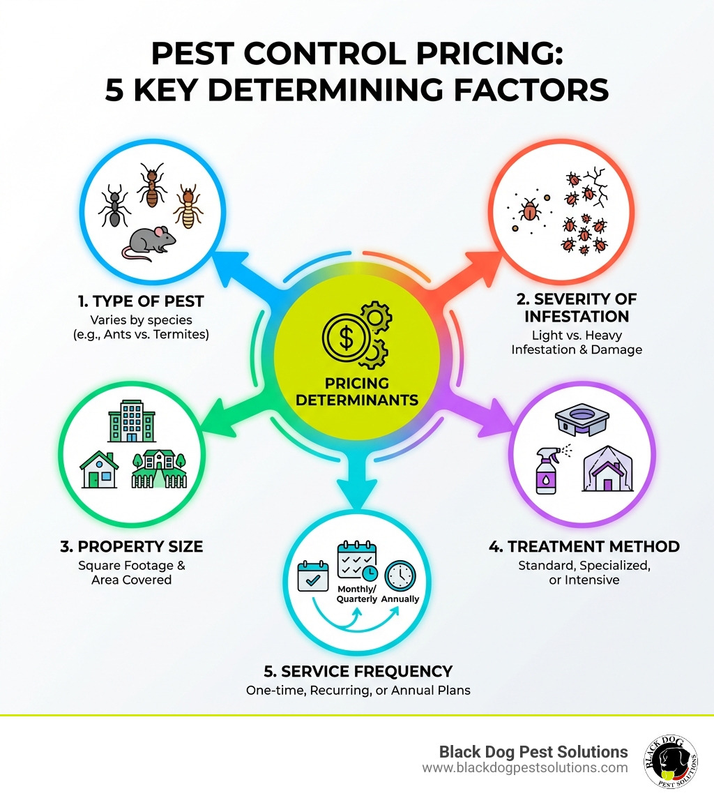 Infographic showing the 5 key factors that determine pest control pricing: type of pest, severity of infestation, property size, treatment method, and service frequency - pest control near me cost infographic Infographic showing the 5 key factors that determine pest control pricing: type of pest, severity of infestation, property size, treatment method, and service frequency - pest control near me cost infographic