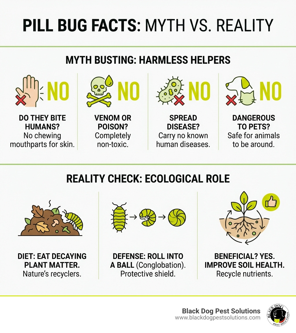 Infographic showing pill bug facts: Do pill bugs bite humans? No. Do they have venom or poison? No. Can they spread disease? No. Are they dangerous to pets? No. What do they eat? Decaying plant matter. What is their defense? Rolling into a ball (conglobation). Are they beneficial? Yes, they recycle nutrients and improve soil. - do pill bugs bite infographic Infographic showing pill bug facts: Do pill bugs bite humans? No. Do they have venom or poison? No. Can they spread disease? No. Are they dangerous to pets? No. What do they eat? Decaying plant matter. What is their defense? Rolling into a ball (conglobation). Are they beneficial? Yes, they recycle nutrients and improve soil. - do pill bugs bite infographic