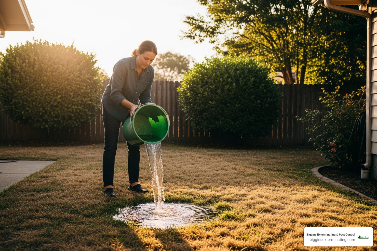 homeowner tipping over a bucket of standing water - mosquito control Billerica MA