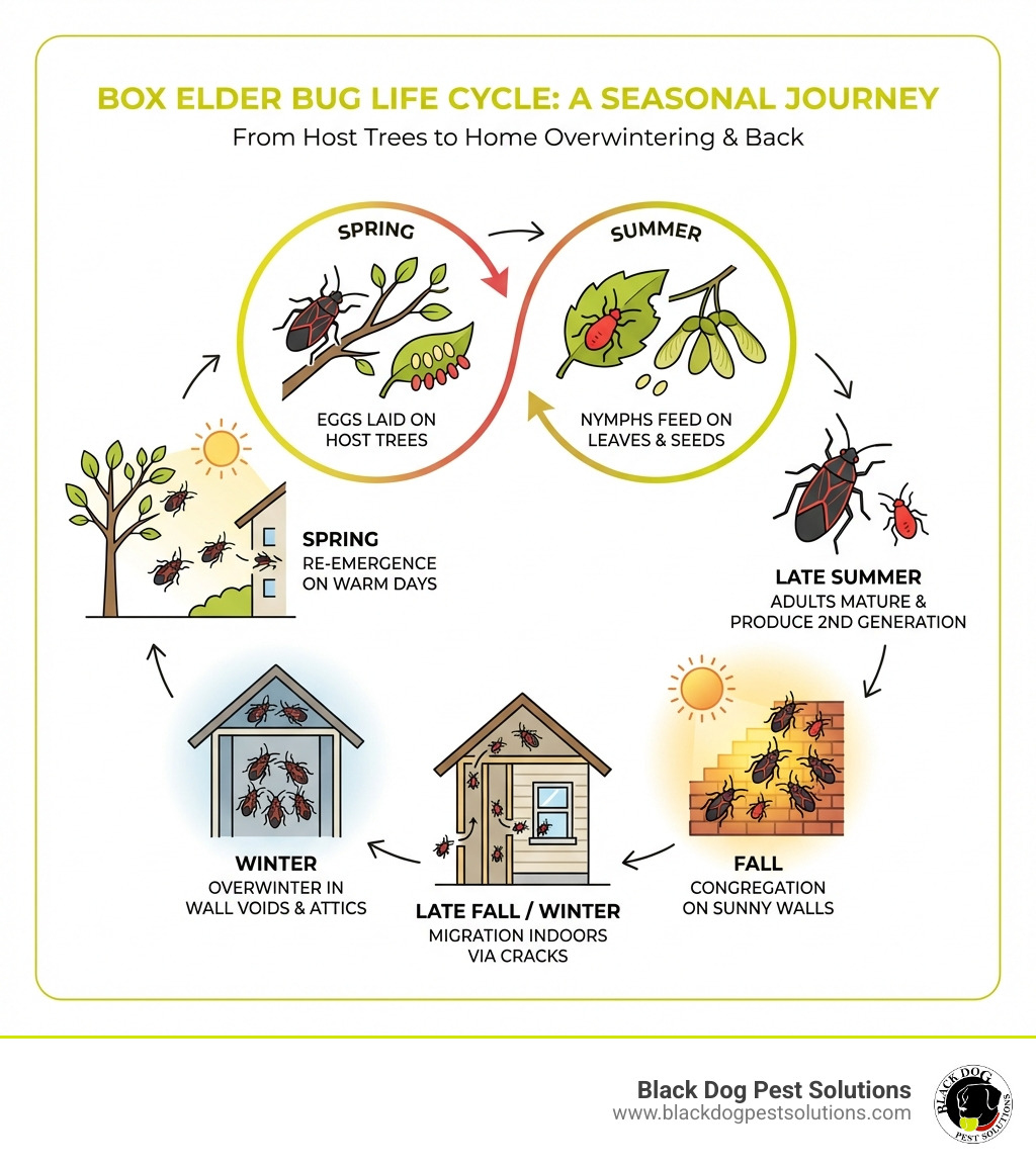 Infographic showing the box elder bug life cycle: eggs laid on host trees in spring (yellow turning red), bright red nymphs feeding on leaves and seeds through summer, adults maturing and producing a second generation, fall congregation on sunny building walls, migration indoors through cracks and crevices, overwintering in wall voids and attics, and spring re-emergence on warm days - Box elder bug control infographic Infographic showing the box elder bug life cycle: eggs laid on host trees in spring (yellow turning red), bright red nymphs feeding on leaves and seeds through summer, adults maturing and producing a second generation, fall congregation on sunny building walls, migration indoors through cracks and crevices, overwintering in wall voids and attics, and spring re-emergence on warm days - Box elder bug control infographic