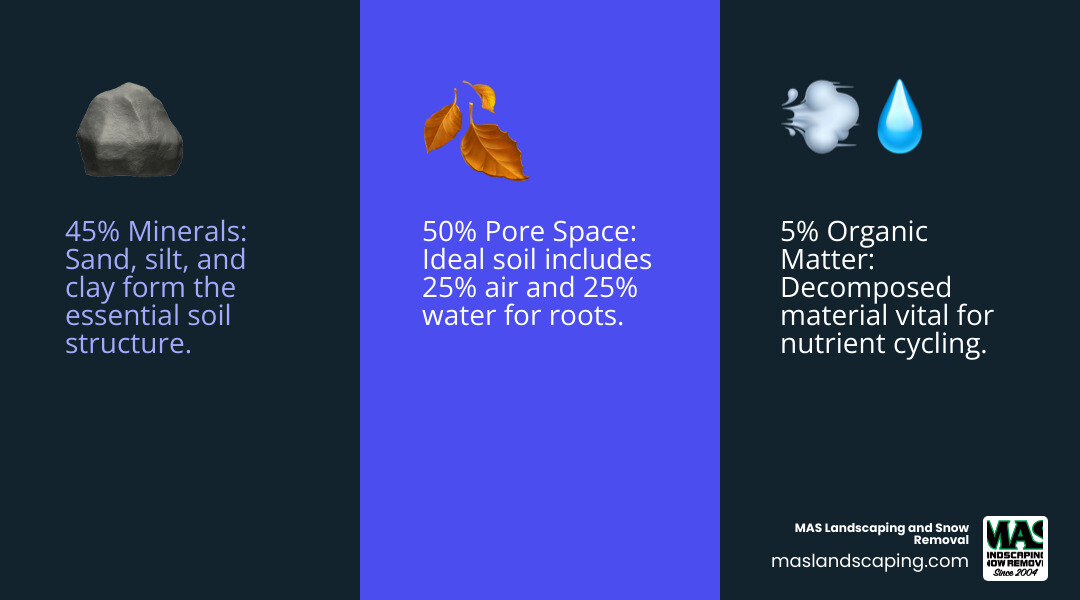 Infographic showing ideal soil composition: 45% minerals (sand, silt, clay), 5% organic matter (decomposed plant and animal material), 25% air (oxygen for roots), and 25% water (moisture for plant uptake). Additional callouts show optimal pH range of 6.5-7.5 and the difference between soil amendments (improve soil structure and health) versus topsoil (upper layer of earth used for leveling or repairs). - plant soil additives infographic 3_facts_emoji_blue