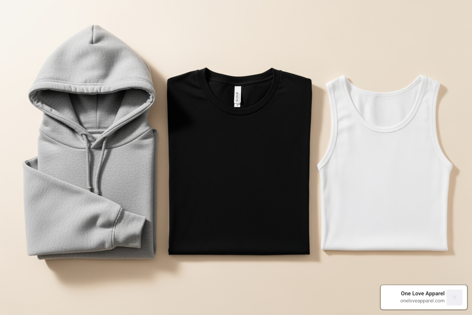 A flat lay featuring a perfectly folded LA made tee, a comfortable hoodie, and a versatile tank top - LA made apparel A flat lay featuring a perfectly folded LA made tee, a comfortable hoodie, and a versatile tank top - LA made apparel