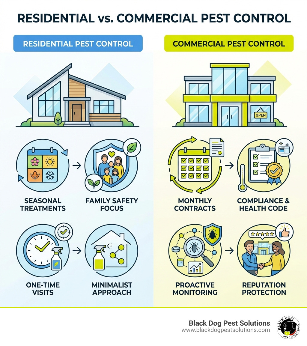 Infographic comparing residential and commercial pest control: Residential shows a house with seasonal treatments, family safety focus, and one-time visits; Commercial shows a storefront with monthly contracts, compliance documentation, health code requirements, and proactive monitoring to protect business reputation - commercial and residential pest control infographic Infographic comparing residential and commercial pest control: Residential shows a house with seasonal treatments, family safety focus, and one-time visits; Commercial shows a storefront with monthly contracts, compliance documentation, health code requirements, and proactive monitoring to protect business reputation - commercial and residential pest control infographic