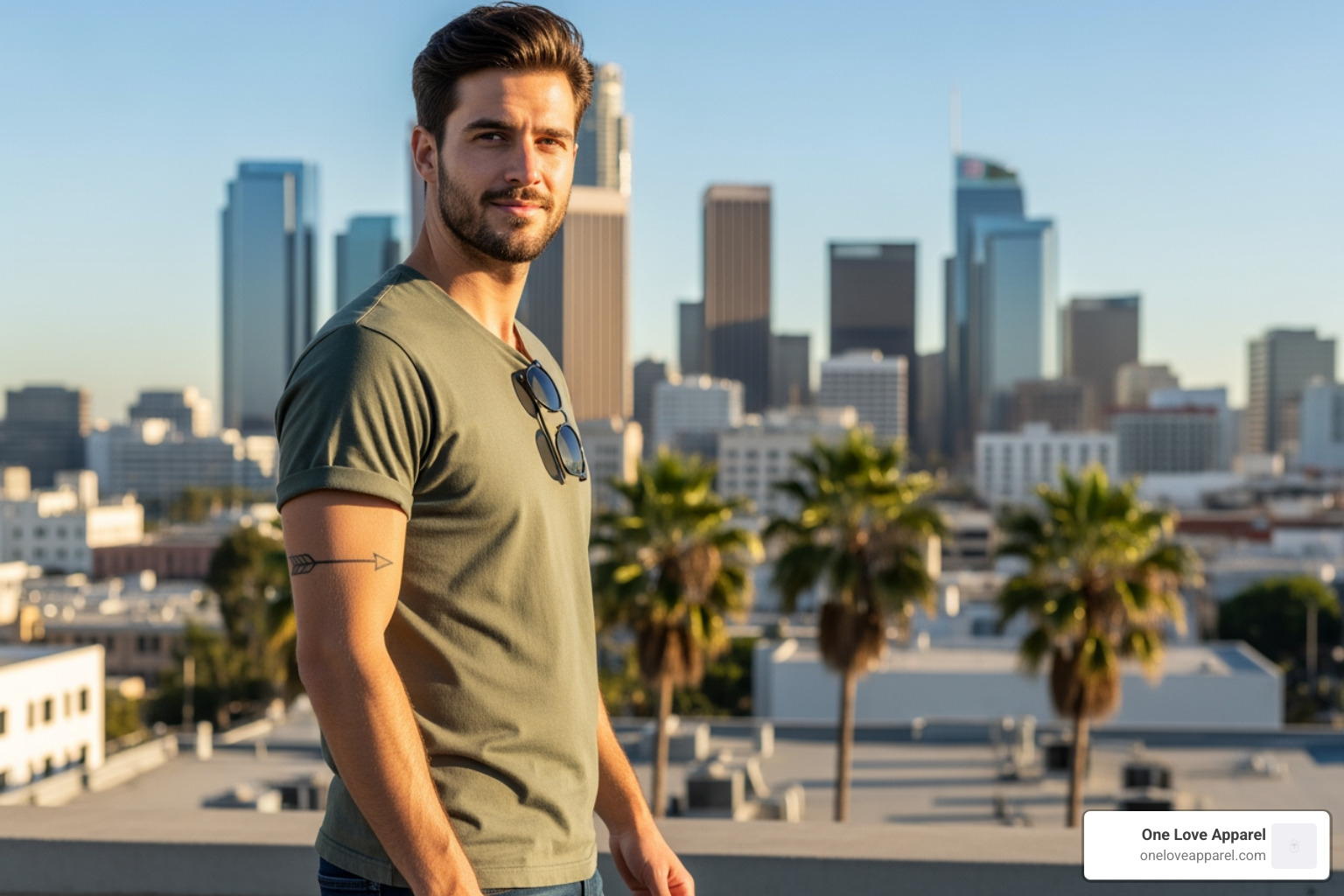 A person wearing a stylish, comfortable t-shirt against a sunny Los Angeles backdrop, embodying effortless LA style - LA made apparel A person wearing a stylish, comfortable t-shirt against a sunny Los Angeles backdrop, embodying effortless LA style - LA made apparel