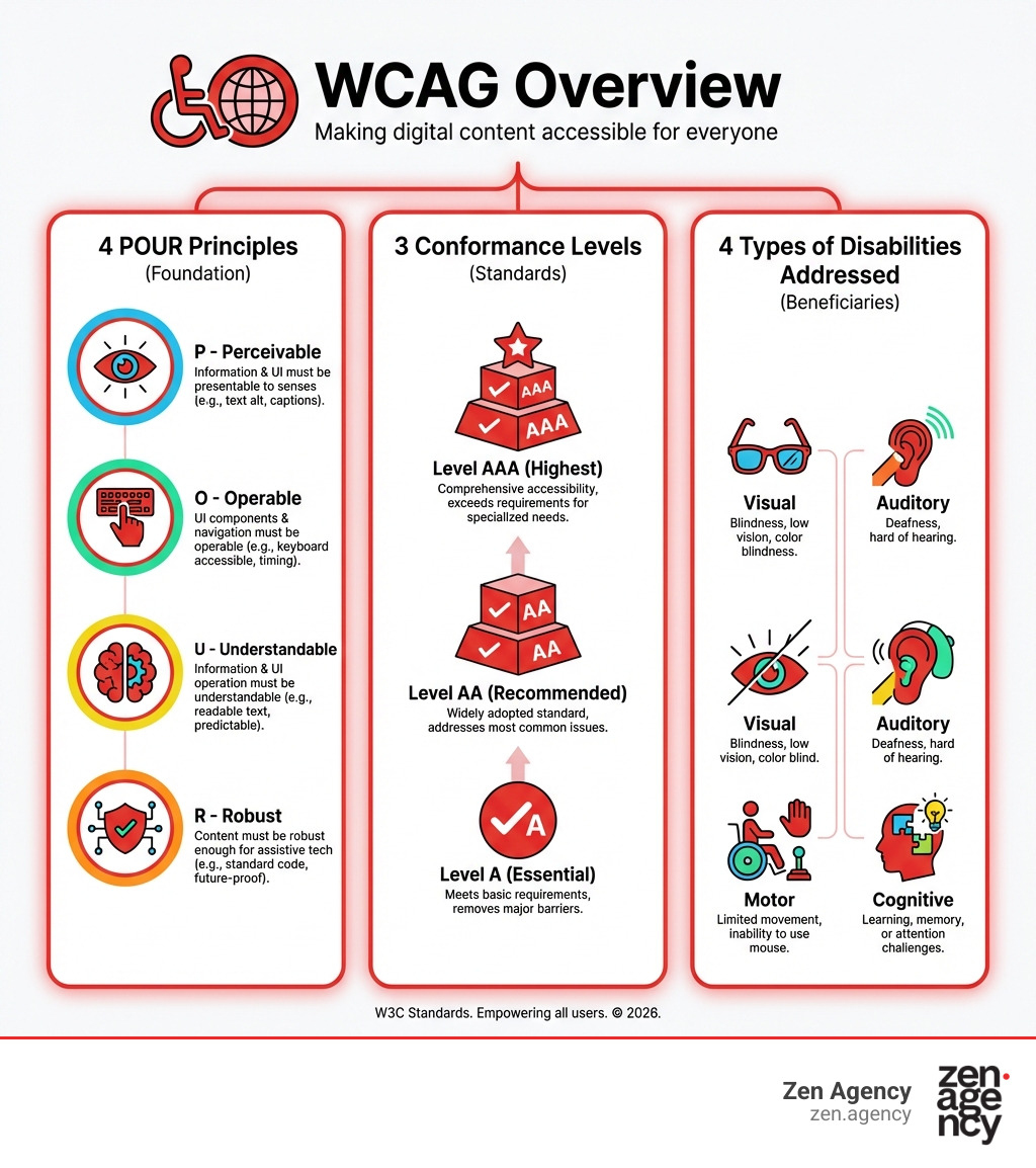 infographic showing WCAG overview with four POUR principles, three conformance levels, and types of disabilities addressed including visual, auditory, motor, and cognitive impairments - What is WCAG infographic infographic showing WCAG overview with four POUR principles, three conformance levels, and types of disabilities addressed including visual, auditory, motor, and cognitive impairments - What is WCAG infographic