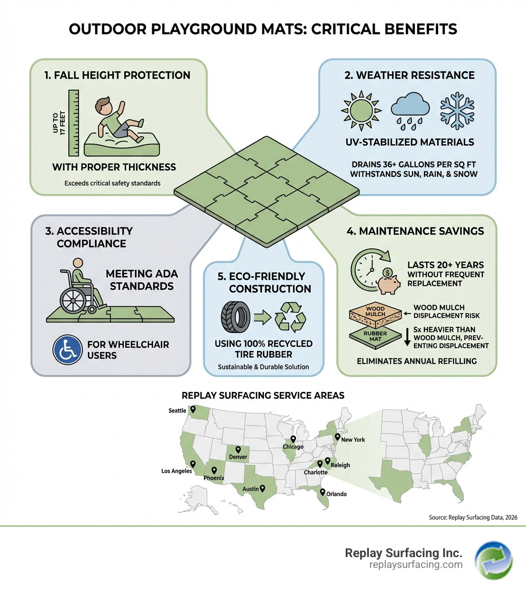 Infographic showing the five critical benefits of rubber playground surfacing: 1) Fall Height Protection up to 17 feet with proper thickness, 2) Weather Resistance through UV-stabilized materials that withstand sun, rain, and snow, 3) Accessibility Compliance meeting ADA standards for wheelchair users, 4) Maintenance Savings with surfaces that last 20+ years without frequent replacement, and 5) Eco-Friendly Construction using 100% recycled tire rubber. Each benefit includes relevant statistics: rubber mats are 5x heavier than wood mulch preventing displacement, drain 36+ gallons per square foot, and eliminate the need for annual refilling. The graphic also displays a map highlighting Replay Surfacing service areas including Charlotte, Raleigh, Denver, Seattle, Phoenix, Chicago, Los Angeles, New York, Austin, and Orlando where these safety standards apply. - playground surfacing infographic Infographic showing the five critical benefits of rubber playground surfacing: 1) Fall Height Protection up to 17 feet with proper thickness, 2) Weather Resistance through UV-stabilized materials that withstand sun, rain, and snow, 3) Accessibility Compliance meeting ADA standards for wheelchair users, 4) Maintenance Savings with surfaces that last 20+ years without frequent replacement, and 5) Eco-Friendly Construction using 100% recycled tire rubber. Each benefit includes relevant statistics: rubber mats are 5x heavier than wood mulch preventing displacement, drain 36+ gallons per square foot, and eliminate the need for annual refilling. The graphic also displays a map highlighting Replay Surfacing service areas including Charlotte, Raleigh, Denver, Seattle, Phoenix, Chicago, Los Angeles, New York, Austin, and Orlando where these safety standards apply. - playground surfacing infographic