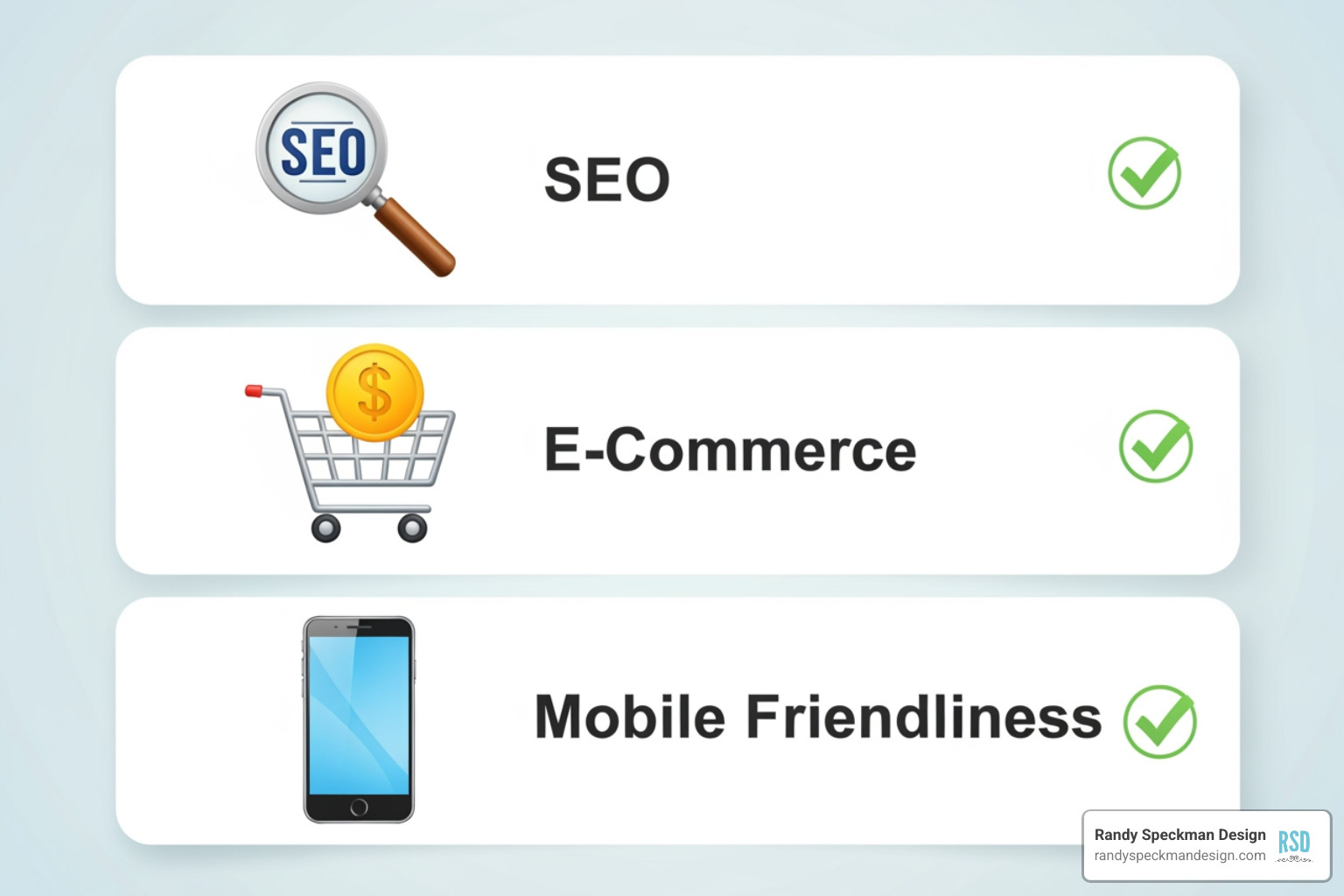 checklist with icons for SEO, e-commerce, and mobile-friendliness - best website services for small business