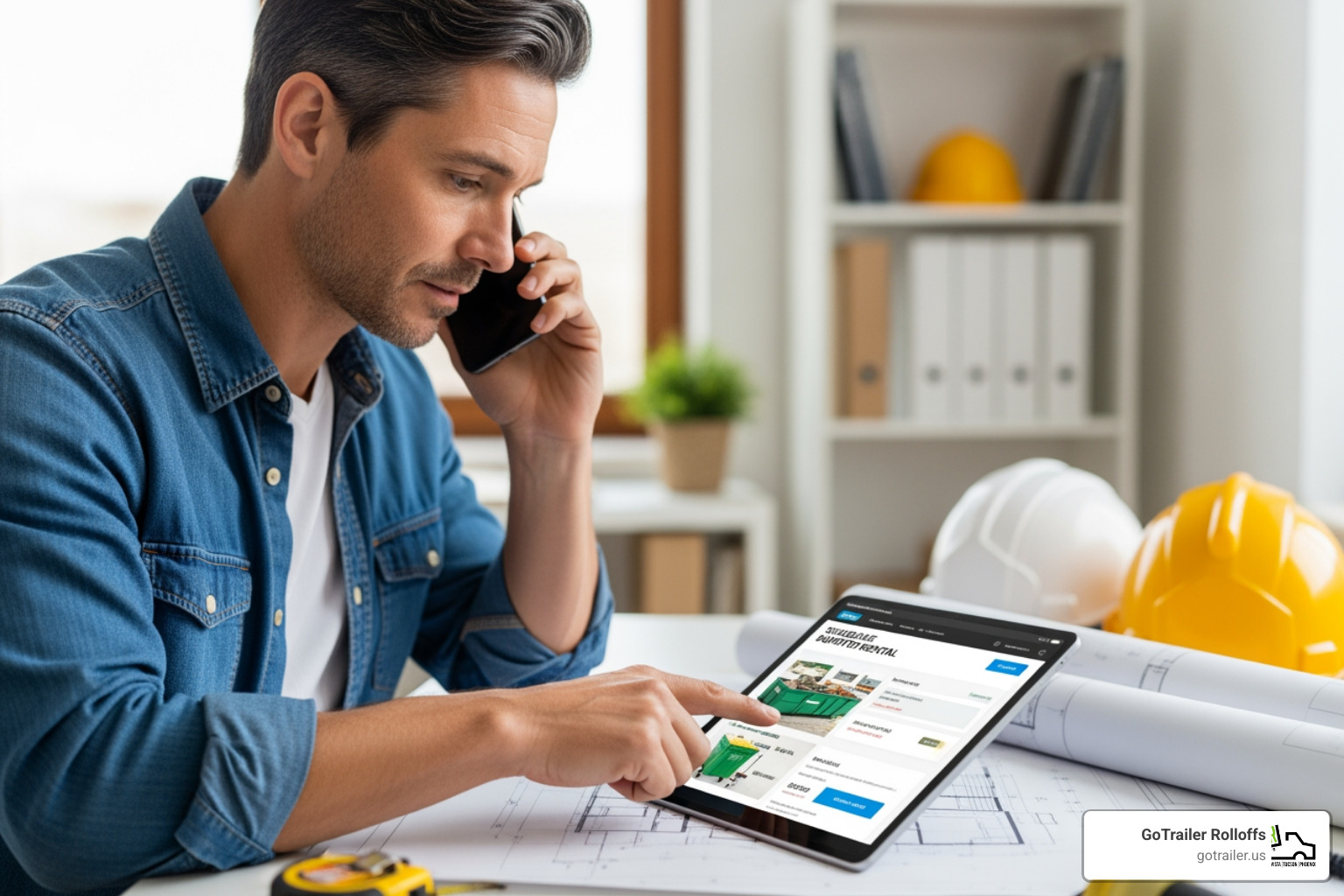 Image of a person on the phone scheduling a dumpster rental - i need to rent a small dumpster Image of a person on the phone scheduling a dumpster rental - i need to rent a small dumpster