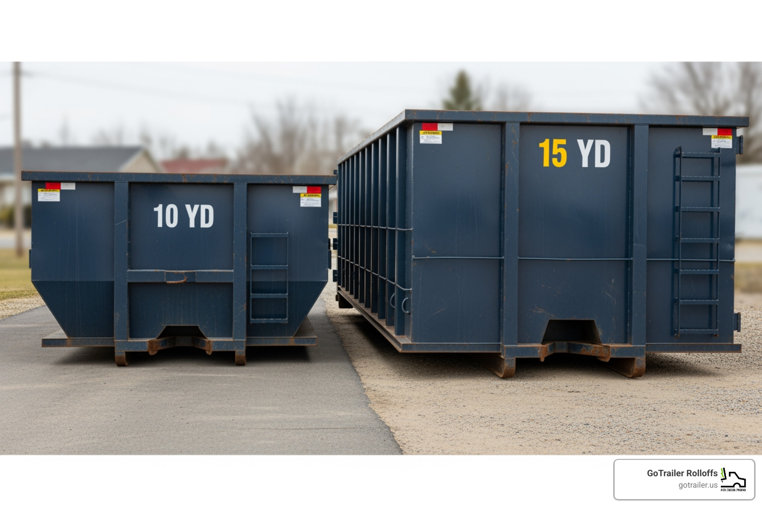 Image of a 10-yard and a 15-yard dumpster side-by-side for comparison - i need to rent a small dumpster Image of a 10-yard and a 15-yard dumpster side-by-side for comparison - i need to rent a small dumpster