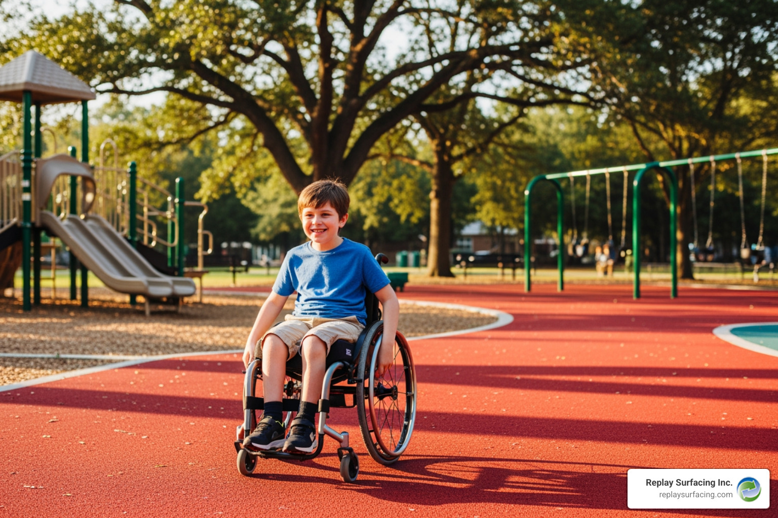 A child in a wheelchair happily navigating a rubber playground surface in a park in Raleigh, NC. - Playground Surfacing Charlotte NC A child in a wheelchair happily navigating a rubber playground surface in a park in Raleigh, NC. - Playground Surfacing Charlotte NC