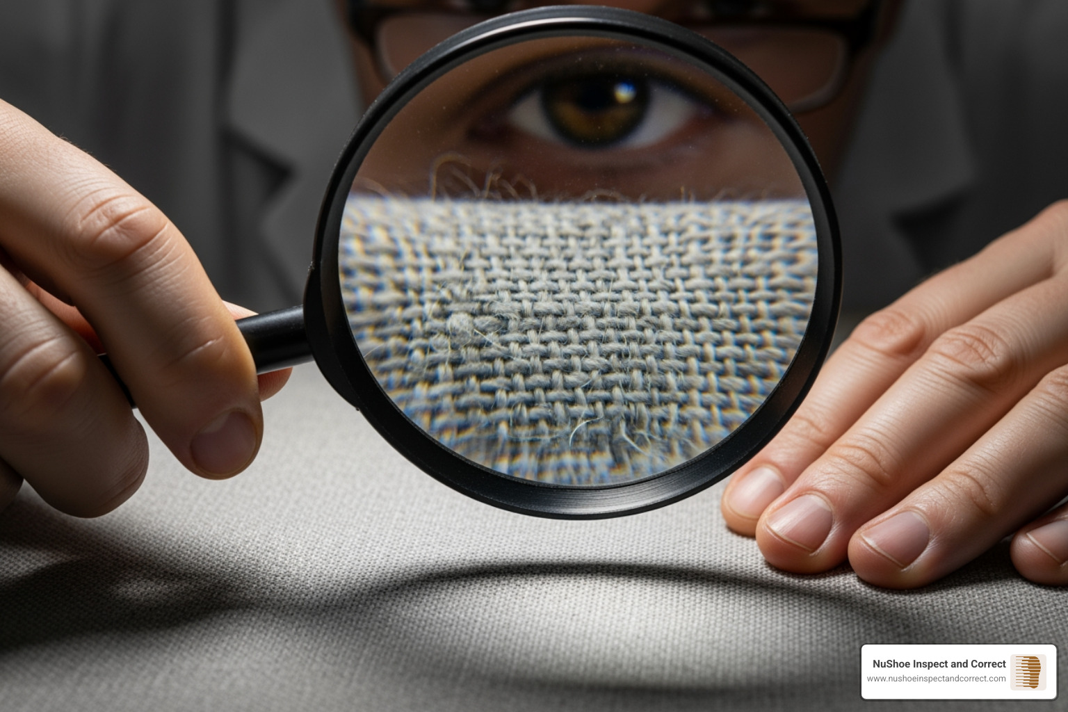 A quality inspector using a magnifying glass on a piece of fabric, focusing on fine details and potential defects. - textile quality control A quality inspector using a magnifying glass on a piece of fabric, focusing on fine details and potential defects. - textile quality control