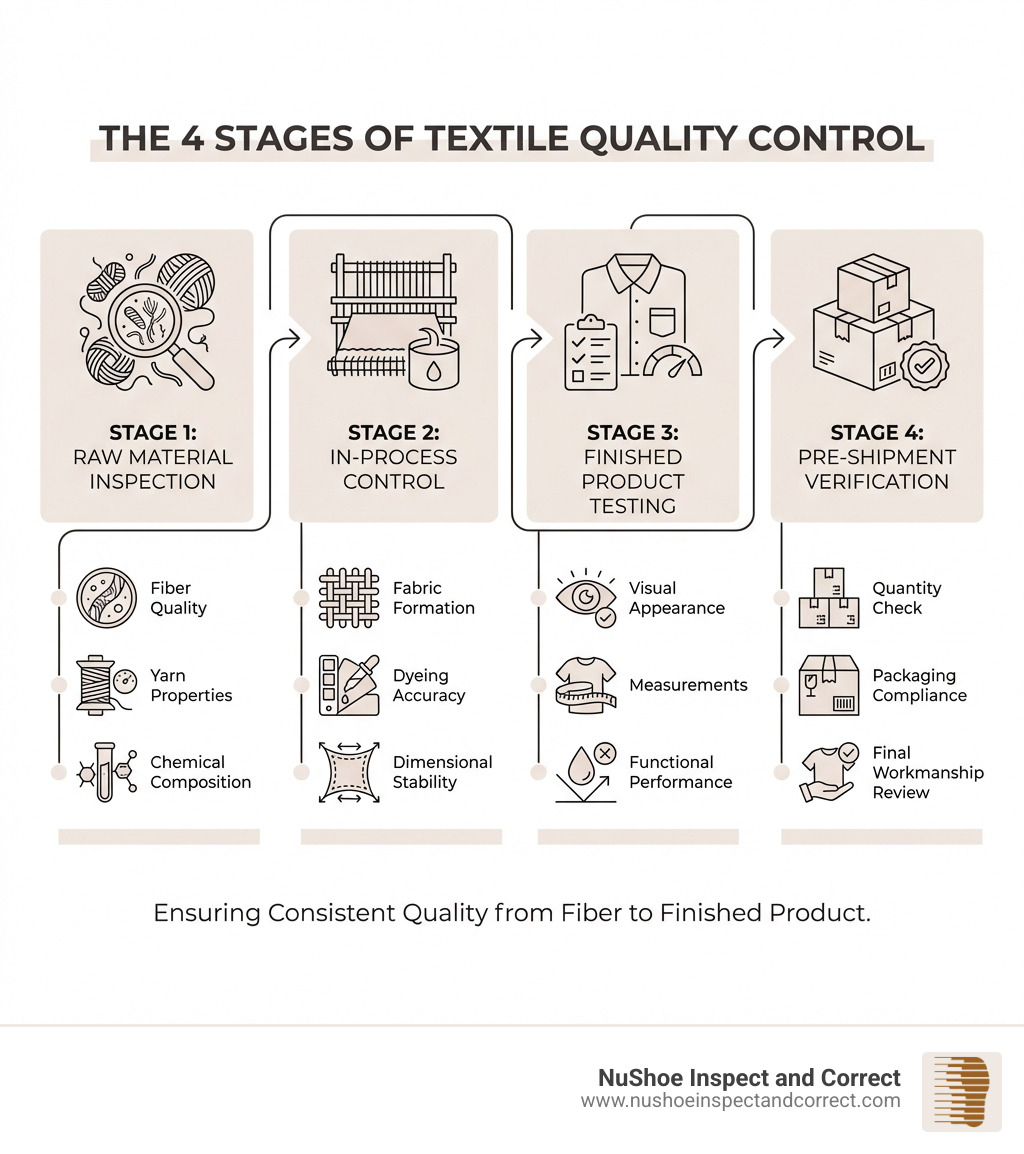 Infographic showing the 4 main stages of textile quality control: Stage 1 - Raw Material Inspection (fiber quality, yarn properties, chemical composition), Stage 2 - In-Process Control (fabric formation, dyeing accuracy, dimensional stability), Stage 3 - Finished Product Testing (visual appearance, measurements, functional performance), and Stage 4 - Pre-Shipment Verification (quantity check, packaging compliance, final workmanship review) - textile quality control infographic Infographic showing the 4 main stages of textile quality control: Stage 1 - Raw Material Inspection (fiber quality, yarn properties, chemical composition), Stage 2 - In-Process Control (fabric formation, dyeing accuracy, dimensional stability), Stage 3 - Finished Product Testing (visual appearance, measurements, functional performance), and Stage 4 - Pre-Shipment Verification (quantity check, packaging compliance, final workmanship review) - textile quality control infographic