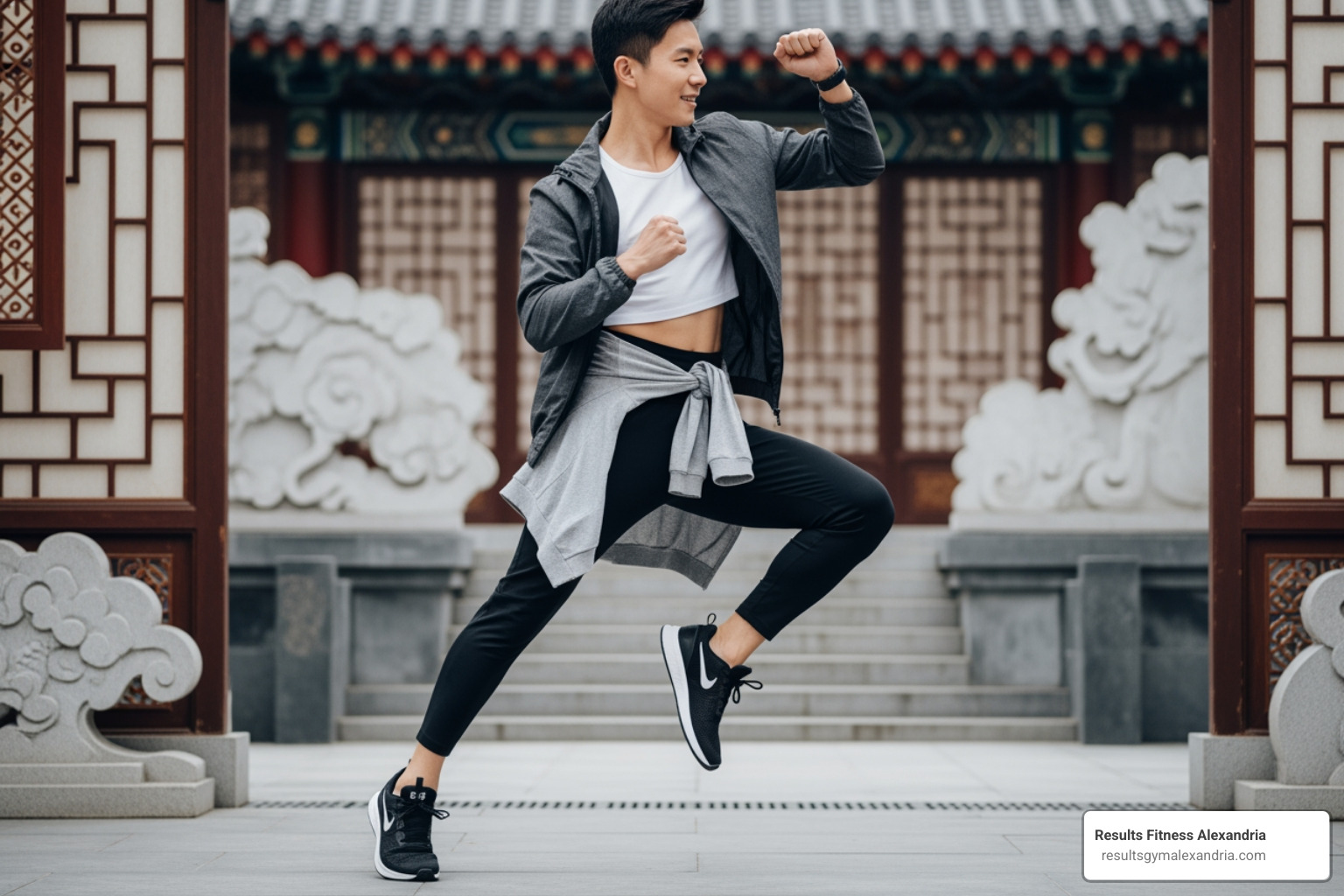 Person in fitness wear performing dance moves with subtle Chinese elements - chinese zumba dance workout