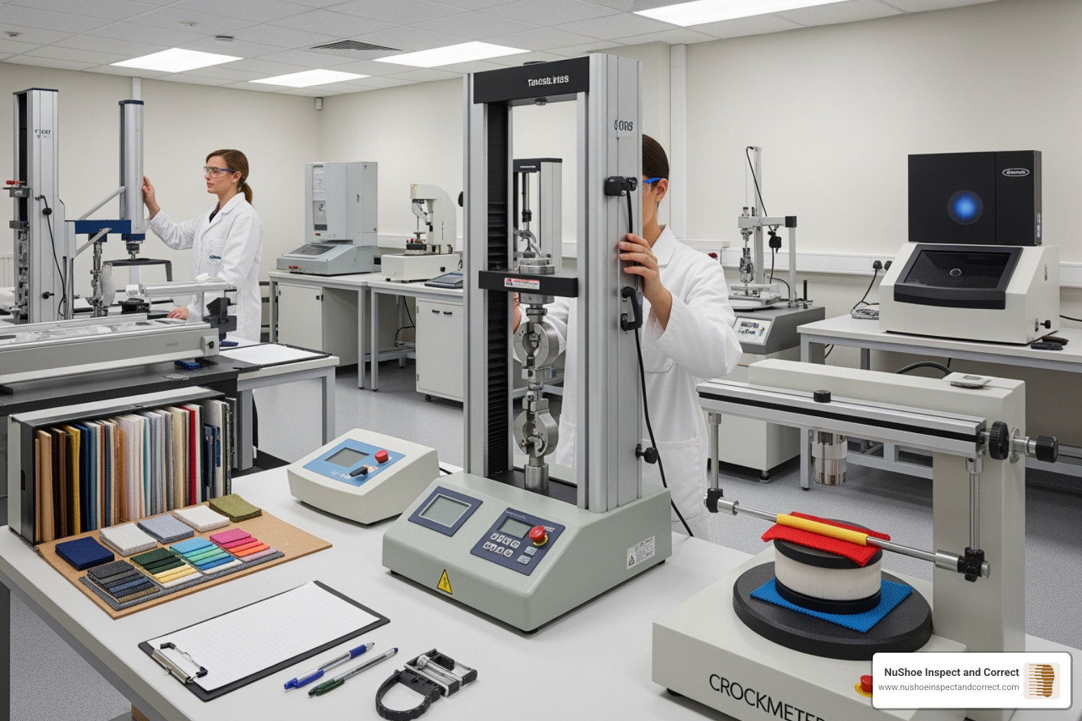 A textile testing laboratory with various machines, including a tensile tester and a crockmeter, used for fabric performance evaluation. - textile quality control A textile testing laboratory with various machines, including a tensile tester and a crockmeter, used for fabric performance evaluation. - textile quality control