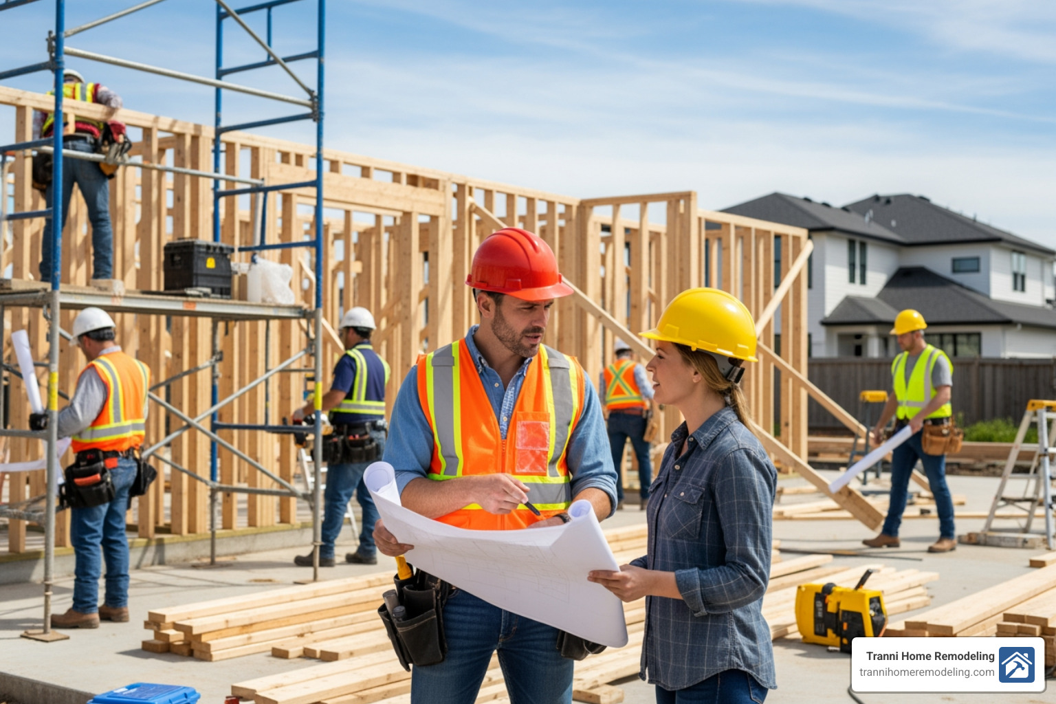 construction team leader discussing plans with homeowner - Home Improvement Company