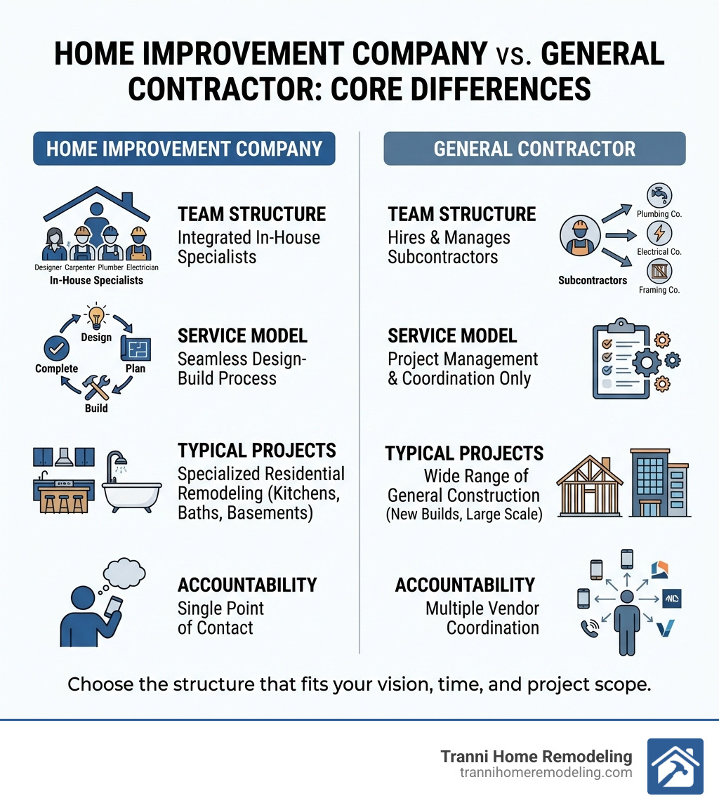 infographic showing the core differences between home improvement companies and general contractors, including team structure with in-house specialists vs subcontractors, service models from design-build vs project management only, typical project types like kitchen and bathroom remodeling vs general construction, and accountability structure with single point of contact vs multiple vendor coordination - Home Improvement Company infographic 