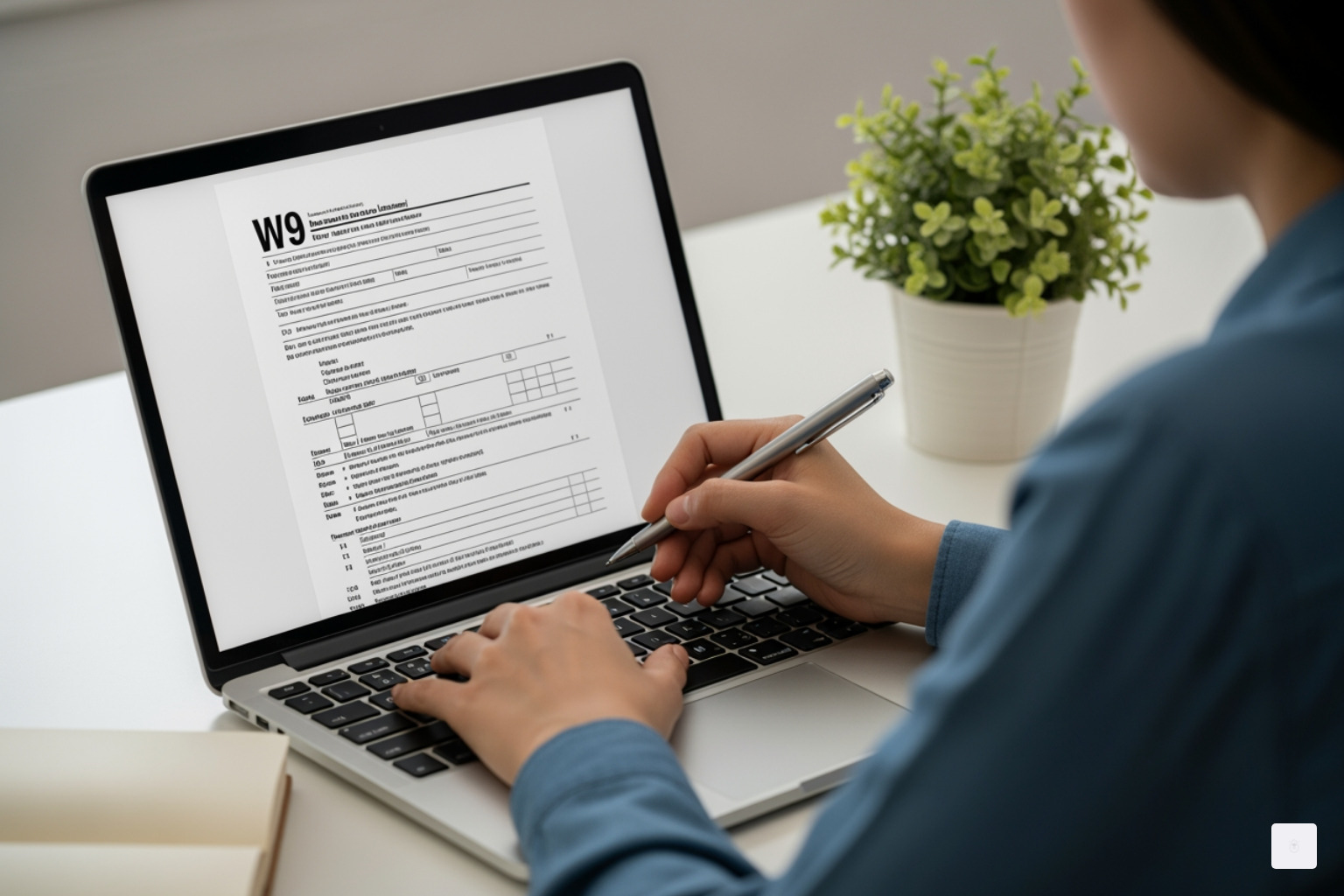 User filling out a W9 on a laptop - file for downloadable forms User filling out a W9 on a laptop - file for downloadable forms