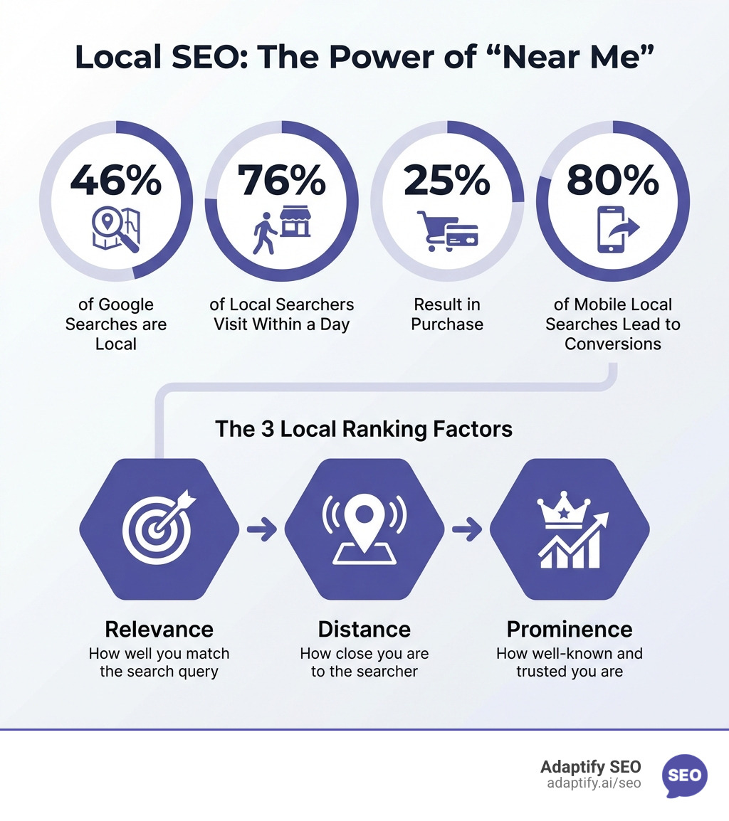 infographic showing local SEO statistics: 46% of Google searches are local, 76% of local searchers visit within a day, 25% result in purchase, and 80% of mobile local searches lead to conversions, with icons showing the three ranking factors of relevance, distance, and prominence - Local SEO for beginners infographic 