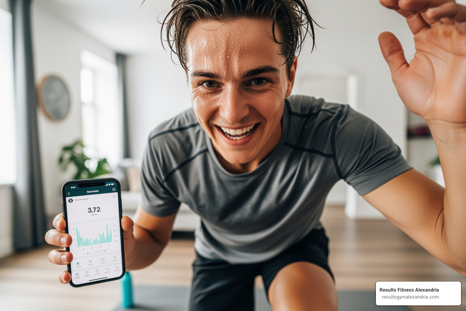 Person smiling and sweating during a home workout, tracking progress on a phone - chinese zumba dance workout