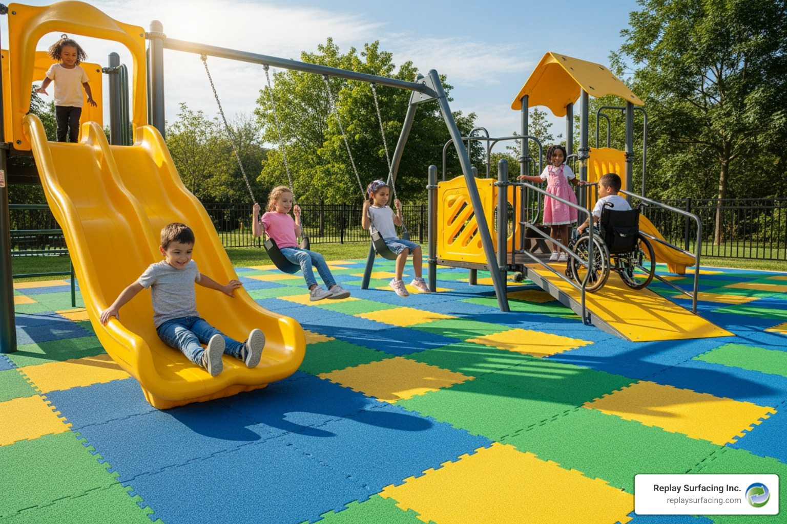 A side-by-side comparison of different outdoor playground mat materials, showcasing the texture and appearance of rubber tiles, poured-in-place rubber, and rubber mulch. - Playground Surfacing Charlotte NC A side-by-side comparison of different outdoor playground mat materials, showcasing the texture and appearance of rubber tiles, poured-in-place rubber, and rubber mulch. - Playground Surfacing Charlotte NC