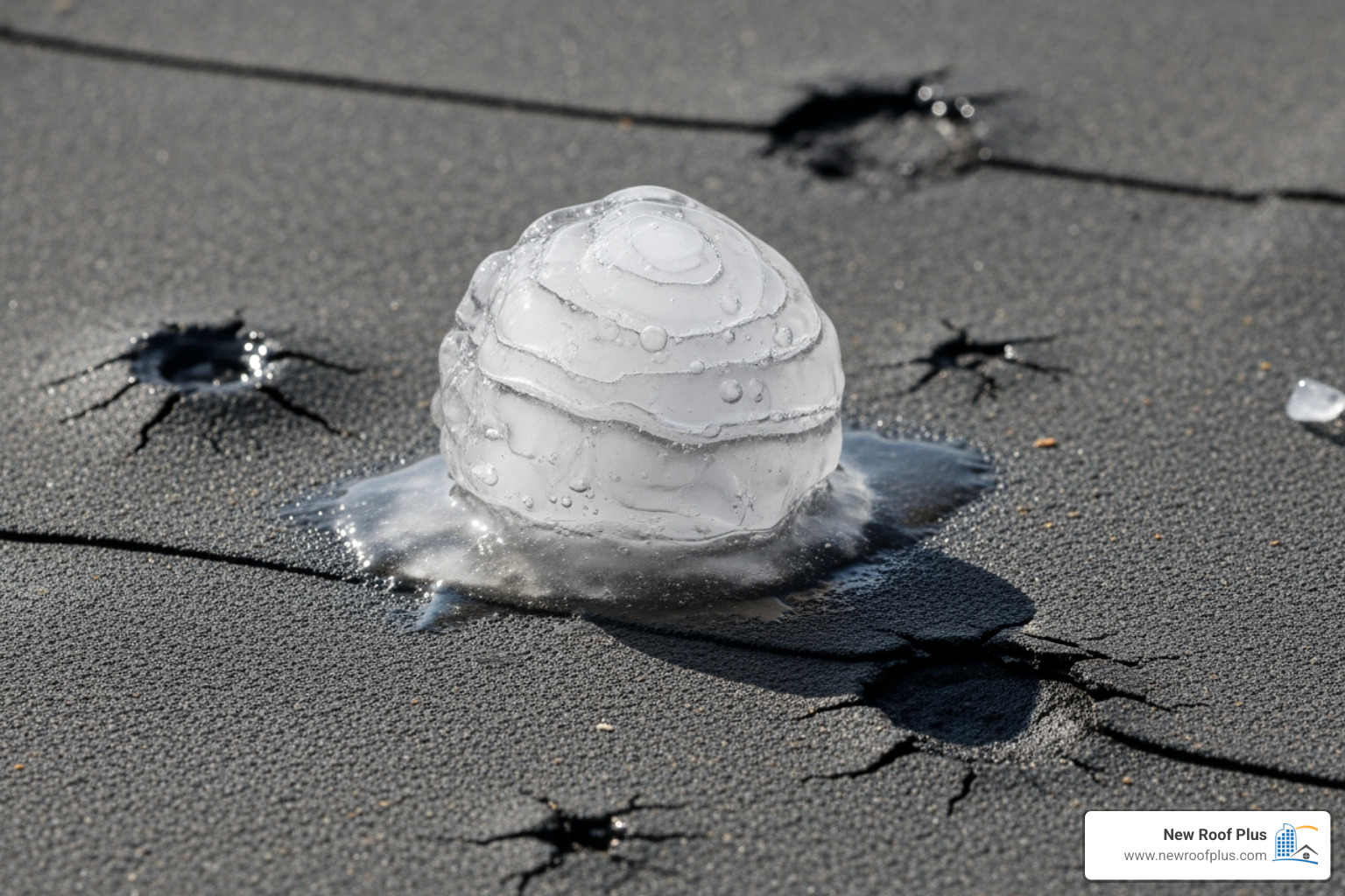 hailstone next to a damaged roof section - commercial roofing denver