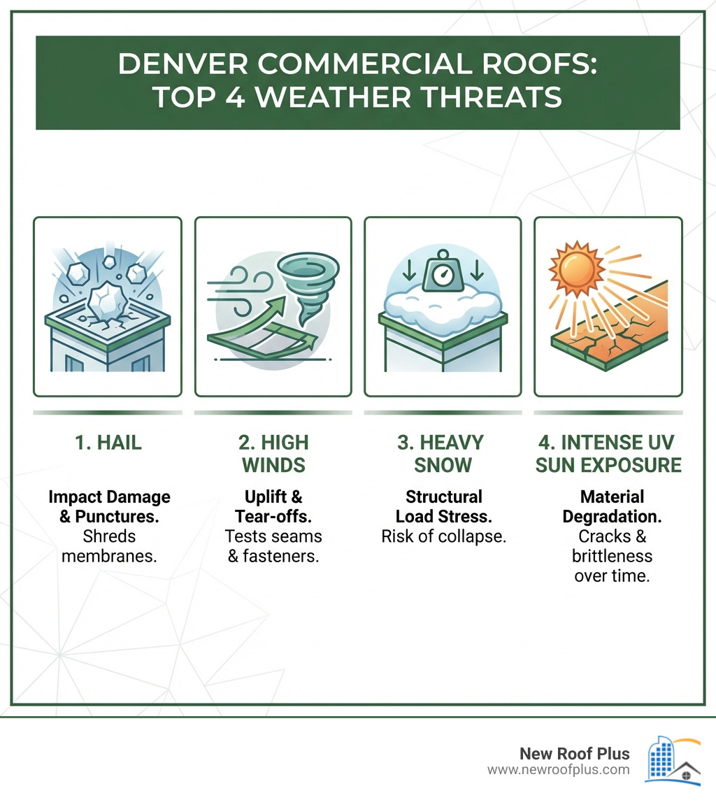 Infographic explaining the top 4 weather threats to Denver commercial roofs: Hail, High Winds, Heavy Snow, and Intense UV Sun Exposure - commercial roofing denver infographic 