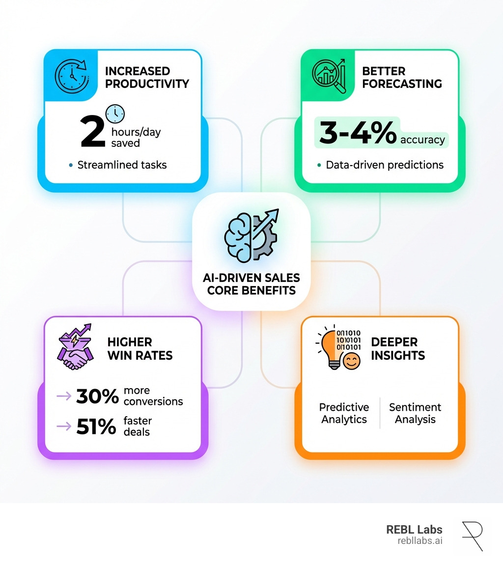 Infographic showing the four core benefits of AI in sales: Increased Productivity (save 2 hours/day), Better Forecasting (3-4% accuracy), Higher Win Rates (30% more conversions, 51% faster deals), and Deeper Insights (predictive analytics and sentiment analysis) - AI driven sales platform infographic 
