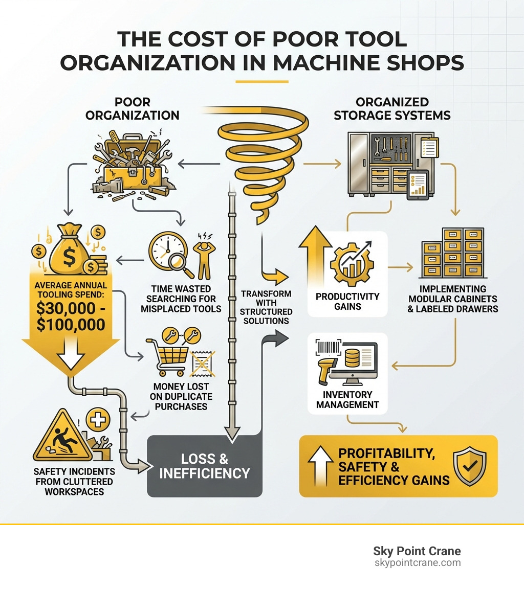 Infographic showing the cost of poor tool organization in machine shops: average annual tooling spend of $30,000-$100,000, time wasted searching for misplaced tools, money lost on duplicate purchases, safety incidents from cluttered workspaces, and productivity gains from implementing organized storage systems with modular cabinets, labeled drawers, and inventory management - machine shop tool storage infographic Infographic showing the cost of poor tool organization in machine shops: average annual tooling spend of $30,000-$100,000, time wasted searching for misplaced tools, money lost on duplicate purchases, safety incidents from cluttered workspaces, and productivity gains from implementing organized storage systems with modular cabinets, labeled drawers, and inventory management - machine shop tool storage infographic