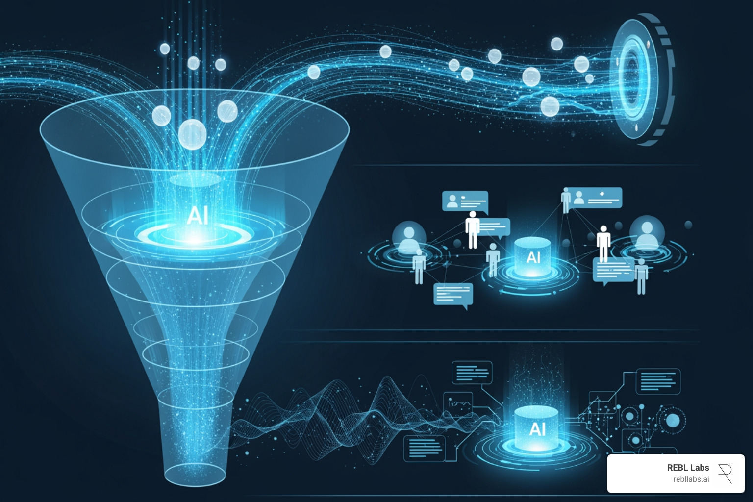 A sales workflow diagram showing AI intervention points like lead scoring at the beginning, automated outreach and personalization in the middle, and call analysis and forecasting towards the end of the sales funnel. - AI driven sales platform