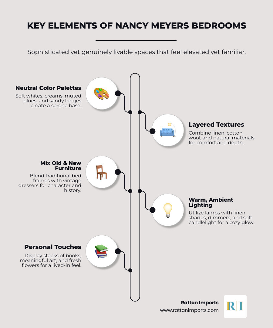 Infographic showing the 7 core elements of Nancy Meyers bedrooms: neutral color palette foundation, layered natural textures, mix of antique and contemporary furniture, warm ambient lighting with lamps and candles, coastal or pastoral accents like rattan, personal touches including books and art, and an intentionally lived-in imperfect styling - nancy meyers bedrooms infographic infographic-line-5-steps-elegant_beige Infographic showing the 7 core elements of Nancy Meyers bedrooms: neutral color palette foundation, layered natural textures, mix of antique and contemporary furniture, warm ambient lighting with lamps and candles, coastal or pastoral accents like rattan, personal touches including books and art, and an intentionally lived-in imperfect styling - nancy meyers bedrooms infographic infographic-line-5-steps-elegant_beige