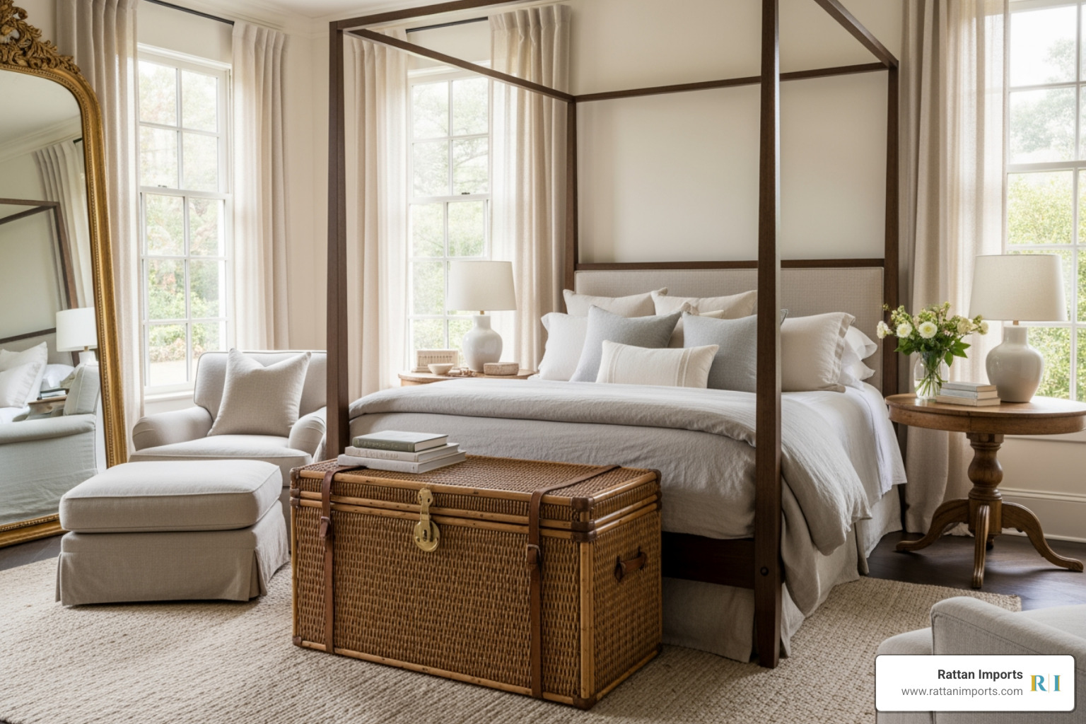 bedroom featuring a mix of antique and modern furniture, including a rattan trunk - nancy meyers bedrooms bedroom featuring a mix of antique and modern furniture, including a rattan trunk - nancy meyers bedrooms