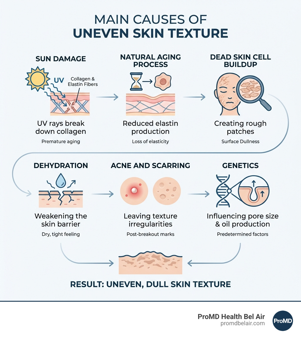 infographic showing the main causes of uneven skin texture including sun damage with UV rays breaking down collagen, natural aging process reducing elastin production, dead skin cell buildup creating rough patches, dehydration weakening the skin barrier, acne and scarring leaving texture irregularities, and genetics influencing pore size and oil production - improve skin texture infographic infographic showing the main causes of uneven skin texture including sun damage with UV rays breaking down collagen, natural aging process reducing elastin production, dead skin cell buildup creating rough patches, dehydration weakening the skin barrier, acne and scarring leaving texture irregularities, and genetics influencing pore size and oil production - improve skin texture infographic