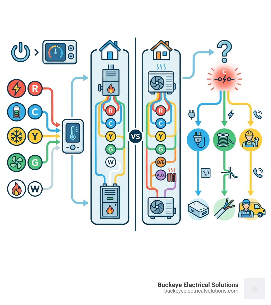 Infographic showing the 5 core smart thermostat wiring terminals (R for power, C for common, Y for cooling, G for fan, W for heating), a visual comparison of a 5-wire conventional system versus a heat pump system with O/B and AUX wires, and a quick decision tree for what to do if you don't have a C-wire (adapter, spare wire, or call a pro) - Smart thermostat wiring infographic 