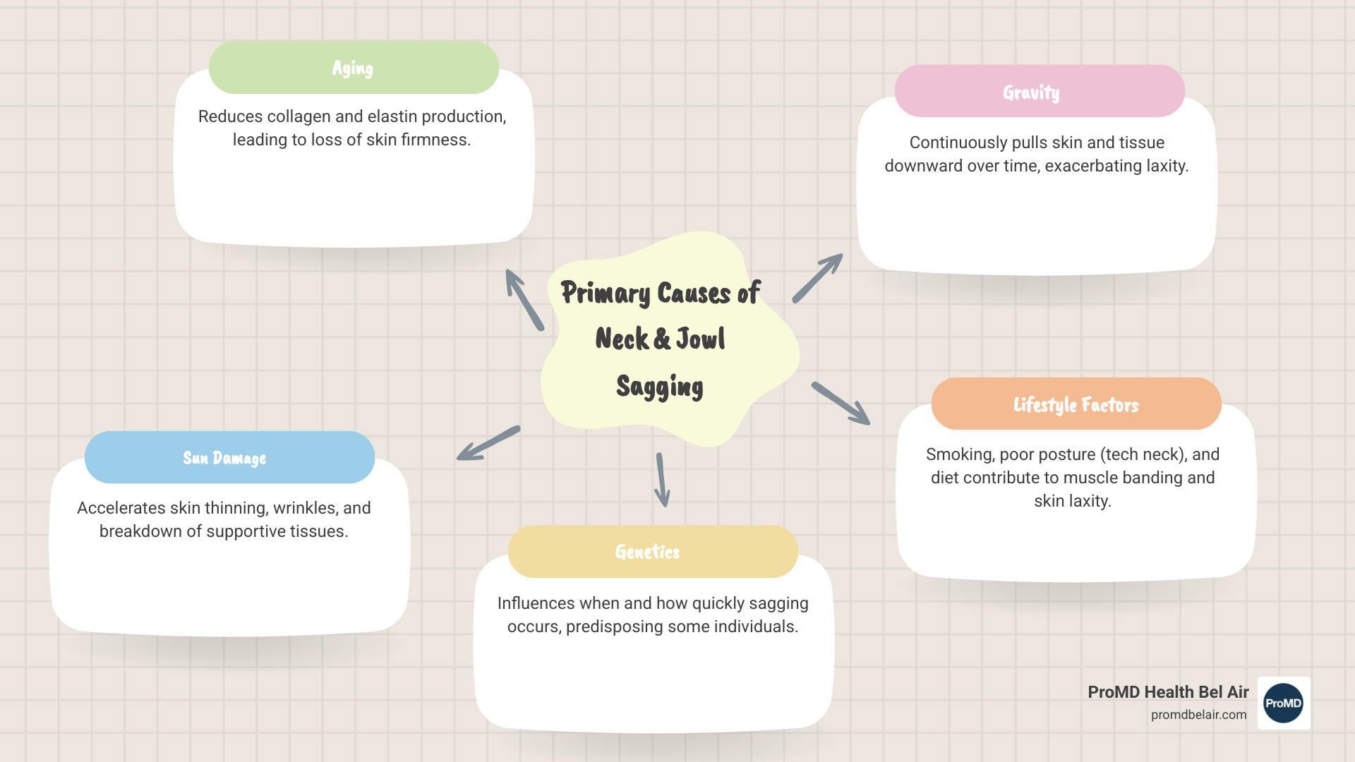 infographic showing the primary causes of neck and jowl sagging: aging reduces collagen and elastin production, sun damage accelerates skin thinning and wrinkles, genetics influence when and how quickly sagging occurs, gravity pulls skin and tissue downward over time, and lifestyle factors like smoking and poor posture contribute to muscle banding and skin laxity - best non surgical treatment for sagging neck and jowls infographic mindmap-5-items infographic showing the primary causes of neck and jowl sagging: aging reduces collagen and elastin production, sun damage accelerates skin thinning and wrinkles, genetics influence when and how quickly sagging occurs, gravity pulls skin and tissue downward over time, and lifestyle factors like smoking and poor posture contribute to muscle banding and skin laxity - best non surgical treatment for sagging neck and jowls infographic mindmap-5-items