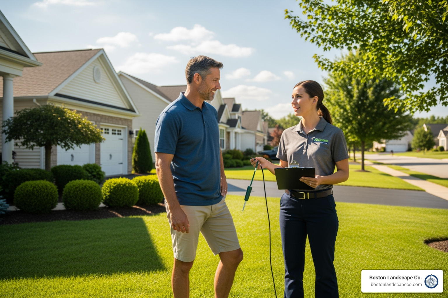 a homeowner talking with a uniformed lawn care professional - who does lawn care near me