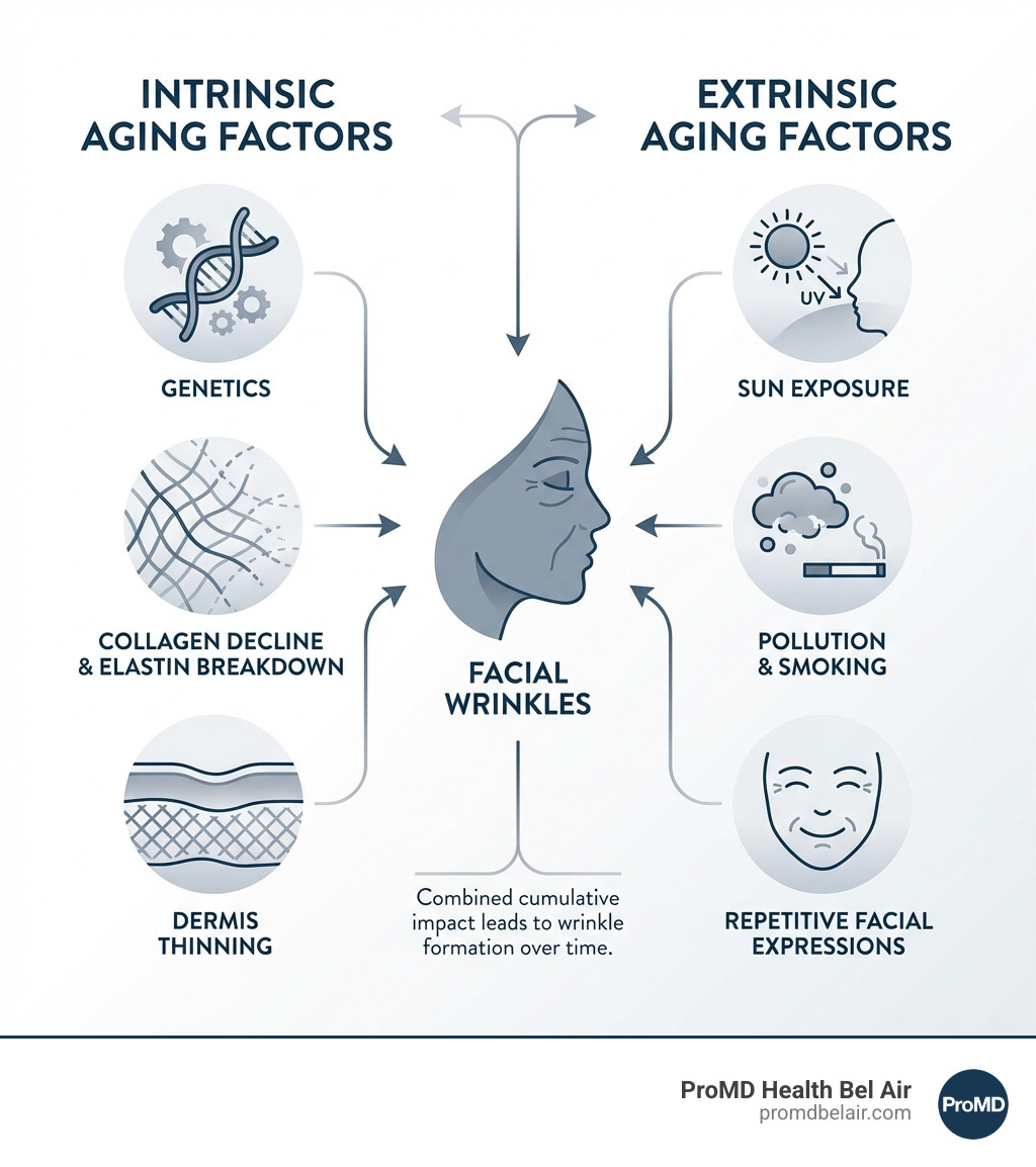infographic showing intrinsic aging factors including genetics, collagen decline, elastin breakdown, and dermis thinning versus extrinsic aging factors including sun exposure, smoking, pollution, and repetitive facial expressions - reduce facial wrinkles infographic infographic showing intrinsic aging factors including genetics, collagen decline, elastin breakdown, and dermis thinning versus extrinsic aging factors including sun exposure, smoking, pollution, and repetitive facial expressions - reduce facial wrinkles infographic