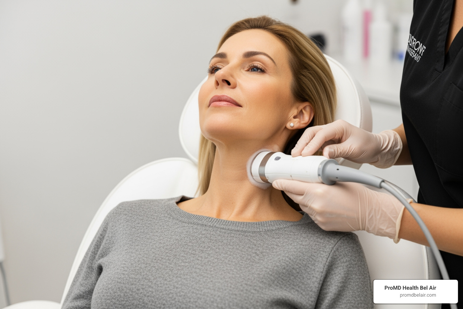 patient during a comfortable, non-invasive neck treatment - best non surgical treatment for sagging neck and jowls patient during a comfortable, non-invasive neck treatment - best non surgical treatment for sagging neck and jowls