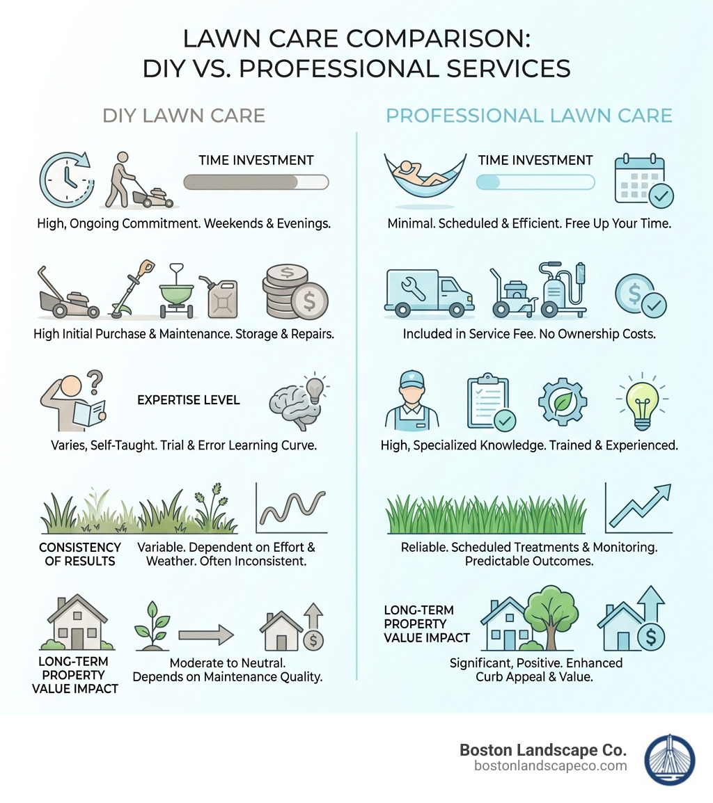infographic showing comparison between DIY lawn care and professional lawn care services, including time investment, equipment costs, expertise level, consistency of results, and long-term property value impact - who does lawn care near me infographic 