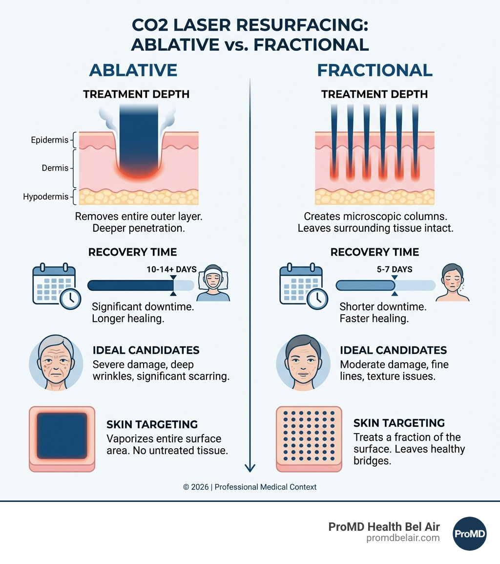 Infographic showing ablative vs fractional CO2 laser resurfacing differences, including treatment depth, recovery time, ideal candidates, and how each technology targets skin layers differently - best co2 laser resurfacing near me infographic Infographic showing ablative vs fractional CO2 laser resurfacing differences, including treatment depth, recovery time, ideal candidates, and how each technology targets skin layers differently - best co2 laser resurfacing near me infographic