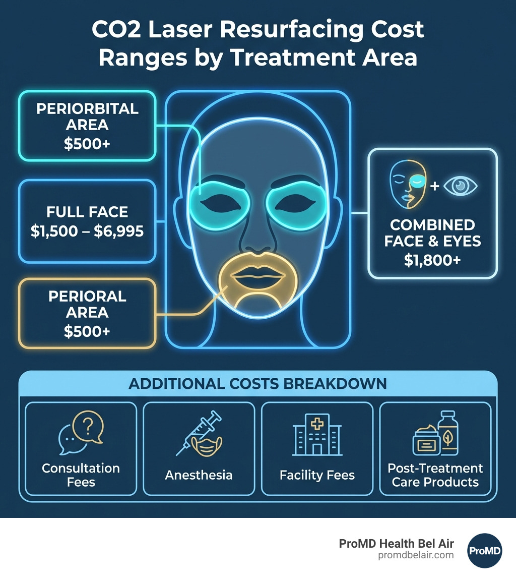 Infographic showing CO2 laser resurfacing cost ranges by treatment area: full face ($1,500-$6,995), perioral area ($500+), periorbital area ($500+), combined face and eyes ($1,800+), with additional costs breakdown including consultation fees, anesthesia, facility fees, and post-treatment care products - co2 laser resurfacing cost near me infographic 