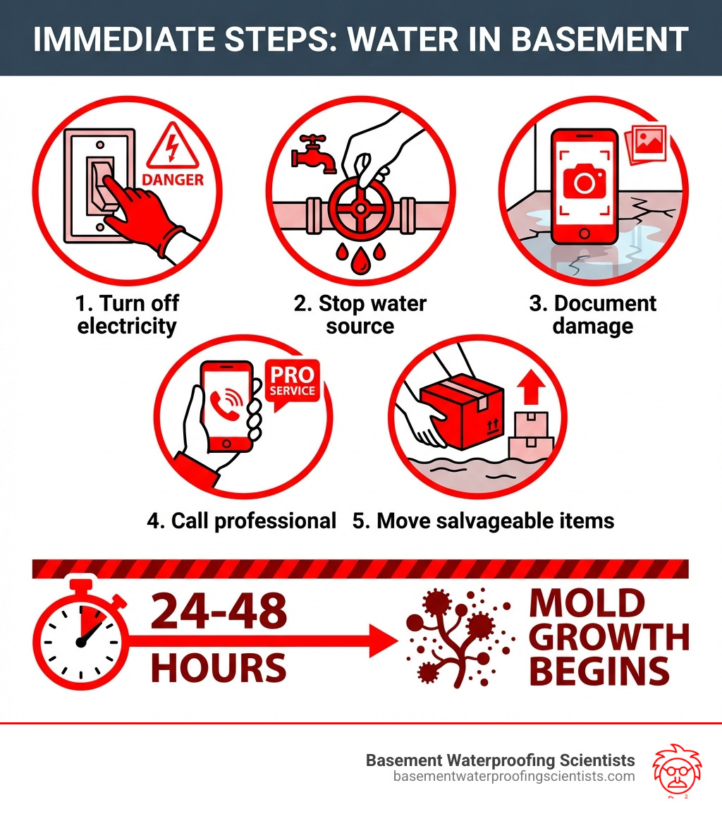 infographic showing five immediate steps when finding water in basement: 1. Turn off electricity with warning symbol, 2. Stop water source with valve icon, 3. Document damage with camera icon, 4. Call professional with phone icon, 5. Move salvageable items with box icon. Timeline showing 24-48 hours until mold growth begins - basement water removal service infographic infographic showing five immediate steps when finding water in basement: 1. Turn off electricity with warning symbol, 2. Stop water source with valve icon, 3. Document damage with camera icon, 4. Call professional with phone icon, 5. Move salvageable items with box icon. Timeline showing 24-48 hours until mold growth begins - basement water removal service infographic