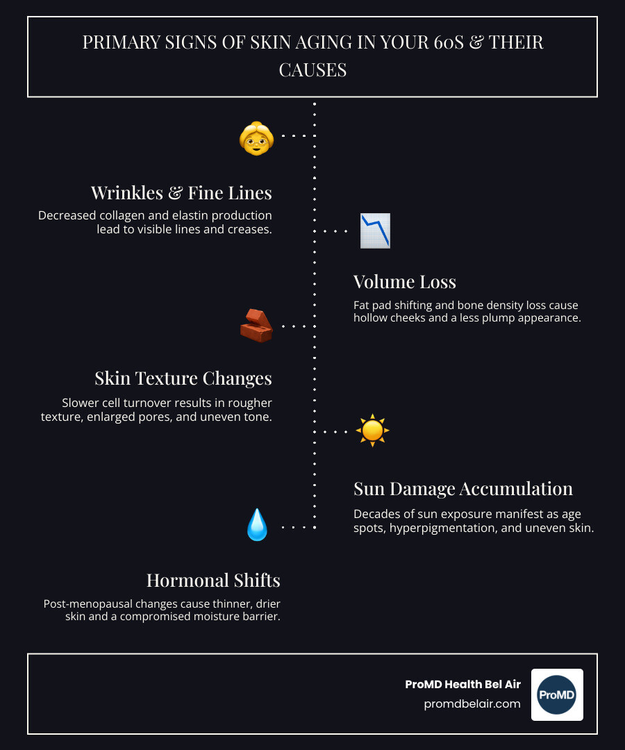 infographic showing the primary signs of skin aging in your 60s including wrinkles from decreased collagen and elastin, volume loss from fat pad shifting and bone density loss, skin texture changes from slower cell turnover, sun damage manifesting as age spots and uneven tone, hormonal changes post-menopause leading to thinner drier skin, and the role of lifestyle factors like sun exposure and smoking - best cosmetic procedures for over 60 infographic infographic-line-5-steps-dark