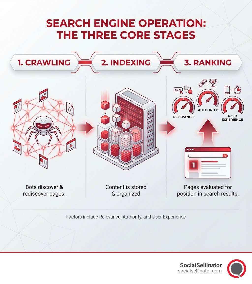 Infographic showing the three stages of search engine operation: Crawling (search engine bots discover and rediscover pages), Indexing (content is stored and organized), and Ranking (pages are evaluated against hundreds of factors like relevance, authority, and user experience to determine position in search results) - How to do SEO? infographic 