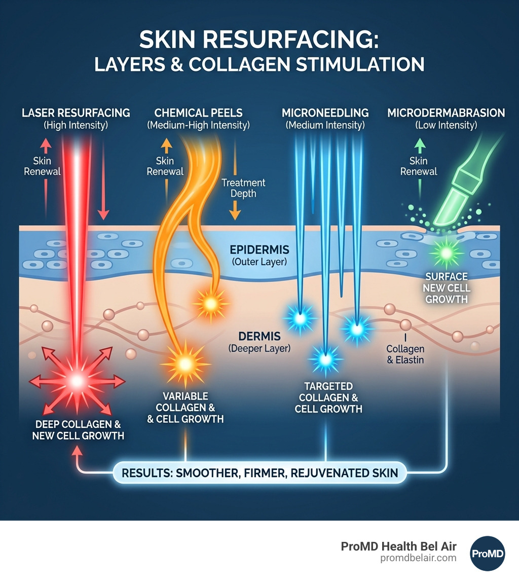 Infographic showing the layers of skin (epidermis and dermis) with arrows indicating how different resurfacing treatments stimulate collagen production and new cell growth at various depths - best face resurfacing treatment infographic Infographic showing the layers of skin (epidermis and dermis) with arrows indicating how different resurfacing treatments stimulate collagen production and new cell growth at various depths - best face resurfacing treatment infographic