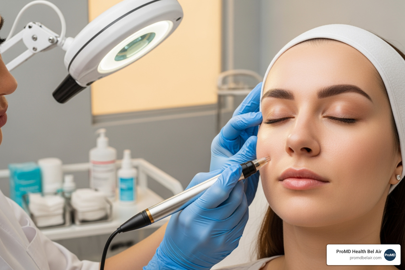 Image of a patient undergoing a microneedling treatment in a clinical setting - collagen induction therapy near me Image of a patient undergoing a microneedling treatment in a clinical setting - collagen induction therapy near me