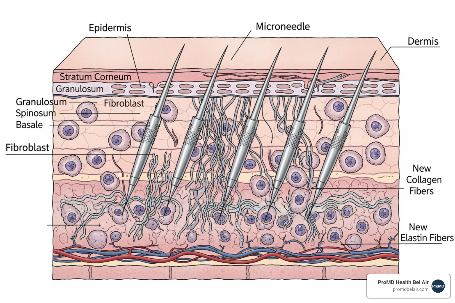 Image of a diagram showing microneedles penetrating the skin layers and stimulating collagen - collagen induction therapy near me Image of a diagram showing microneedles penetrating the skin layers and stimulating collagen - collagen induction therapy near me