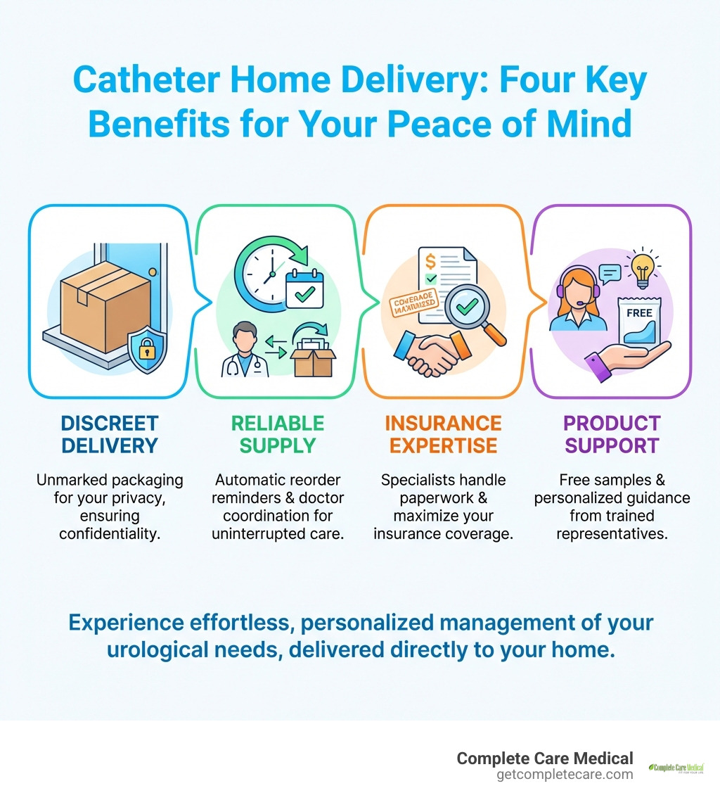 Infographic showing the four key benefits of catheter home delivery: Discreet Delivery with unmarked packaging for privacy, Reliable Supply with automatic reorder reminders and coordination with your doctor, Insurance Expertise with specialists who handle paperwork and maximize coverage, and Product Support with free samples and guidance from trained representatives - catheter home delivery infographic 