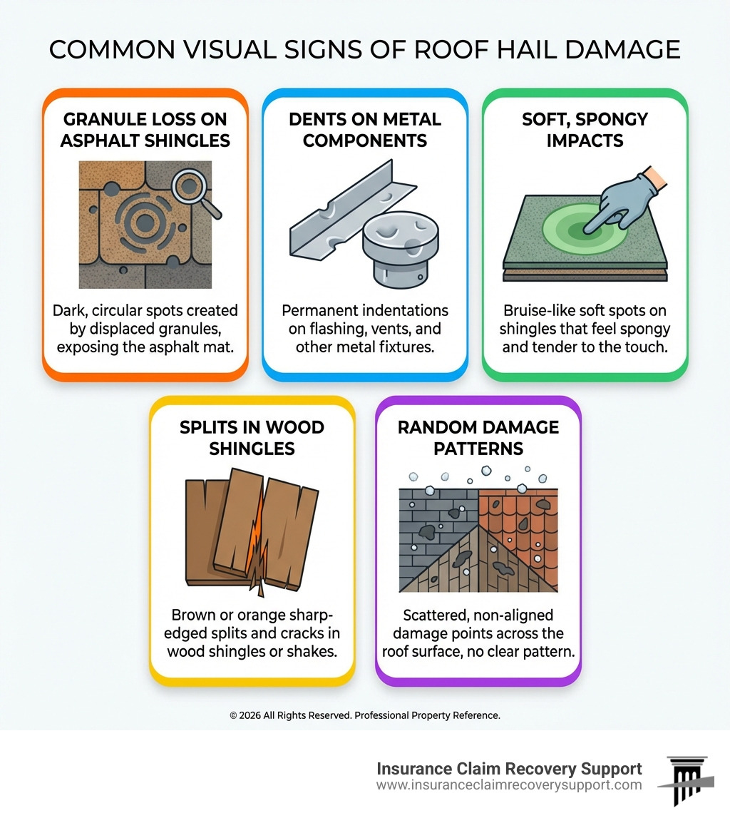 infographic showing five common signs of roof hail damage: granule loss creating dark spots on asphalt shingles, dents on metal flashing and vents, soft bruise-like impacts that feel spongy to touch, brown or orange splits in wood shingles with sharp edges, and random damage patterns across the roof surface with no discernible alignment - what does hail damage on a roof look like infographic infographic showing five common signs of roof hail damage: granule loss creating dark spots on asphalt shingles, dents on metal flashing and vents, soft bruise-like impacts that feel spongy to touch, brown or orange splits in wood shingles with sharp edges, and random damage patterns across the roof surface with no discernible alignment - what does hail damage on a roof look like infographic