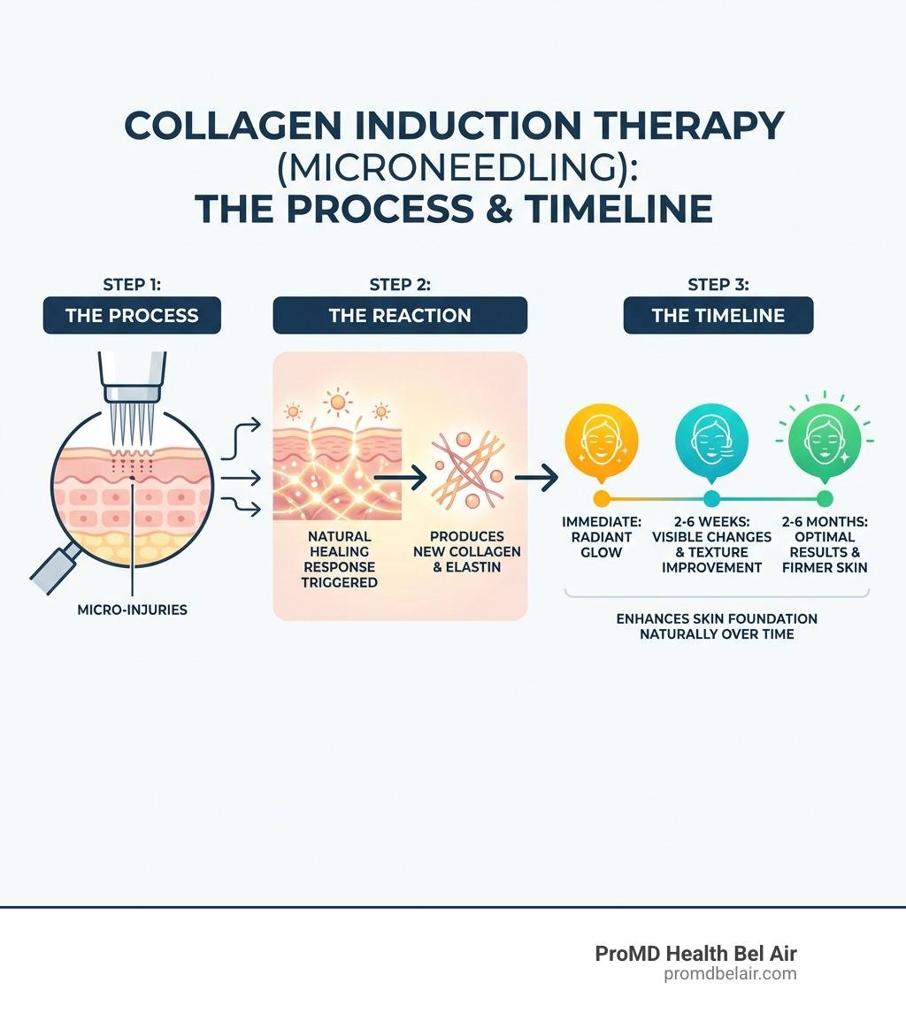 Infographic showing the microneedling process: tiny needles create controlled micro-injuries in the skin, triggering the body's natural healing response to produce new collagen and elastin, with a timeline showing immediate glow, visible changes in 2-6 weeks, and optimal results in 2-6 months - collagen induction therapy near me infographic Infographic showing the microneedling process: tiny needles create controlled micro-injuries in the skin, triggering the body's natural healing response to produce new collagen and elastin, with a timeline showing immediate glow, visible changes in 2-6 weeks, and optimal results in 2-6 months - collagen induction therapy near me infographic