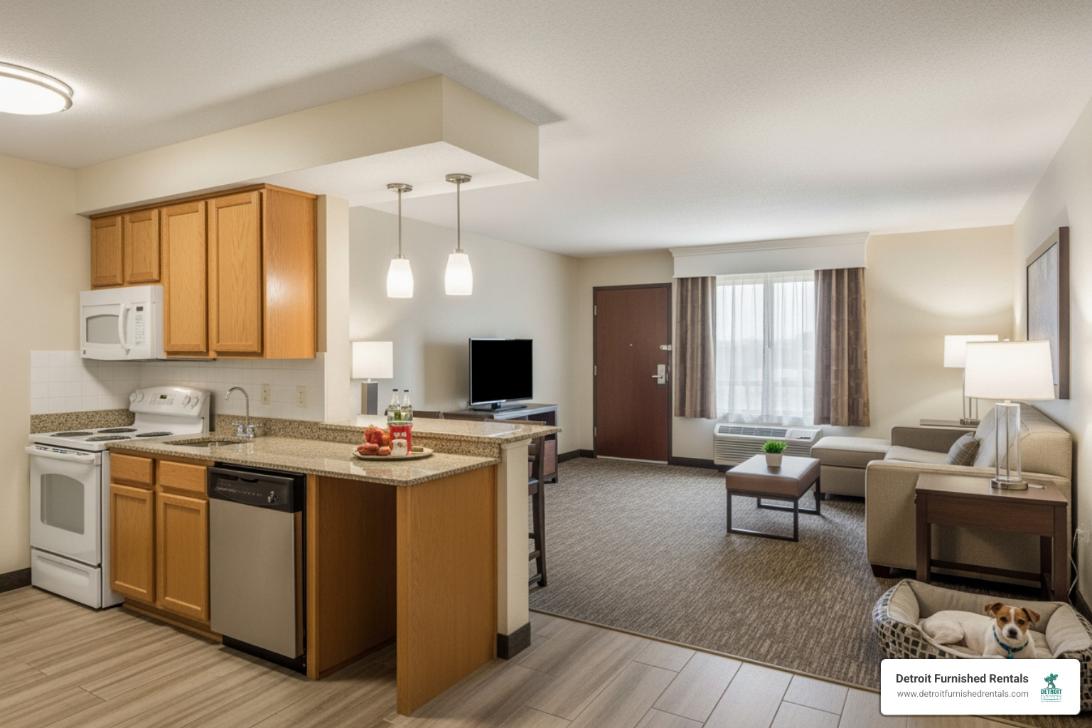 spacious extended stay suite with a full kitchen and a dog bed in the corner - pet friendly extended stay